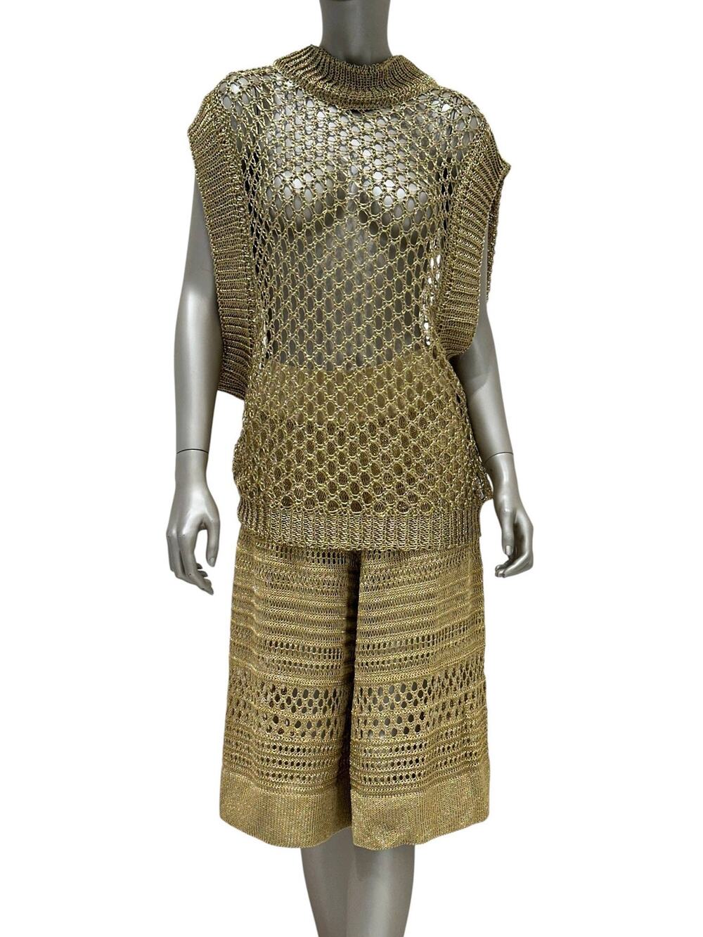 Balmain Gold Open-Knit Top & Bermuda Shorts Set FR 36